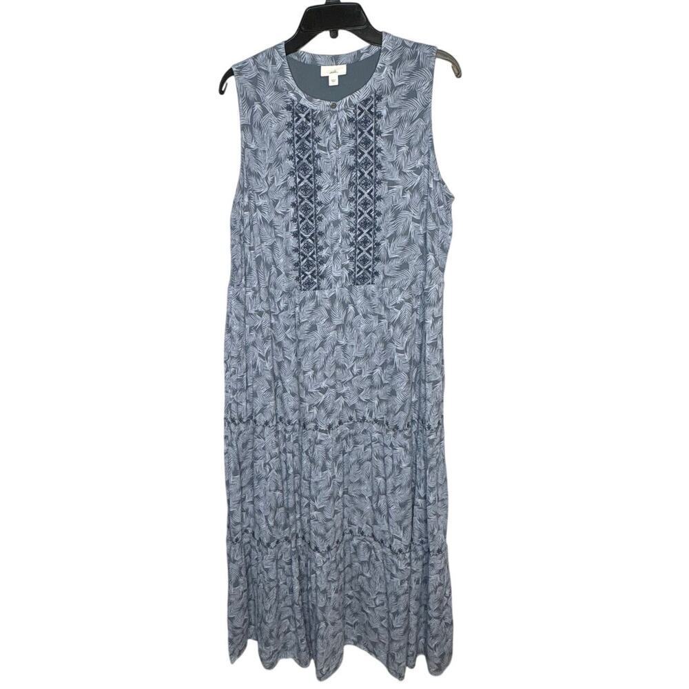 J. Jill Blue Tiered Sleeveless Maxi Pocket Palm Leaf Print Dress Size Large